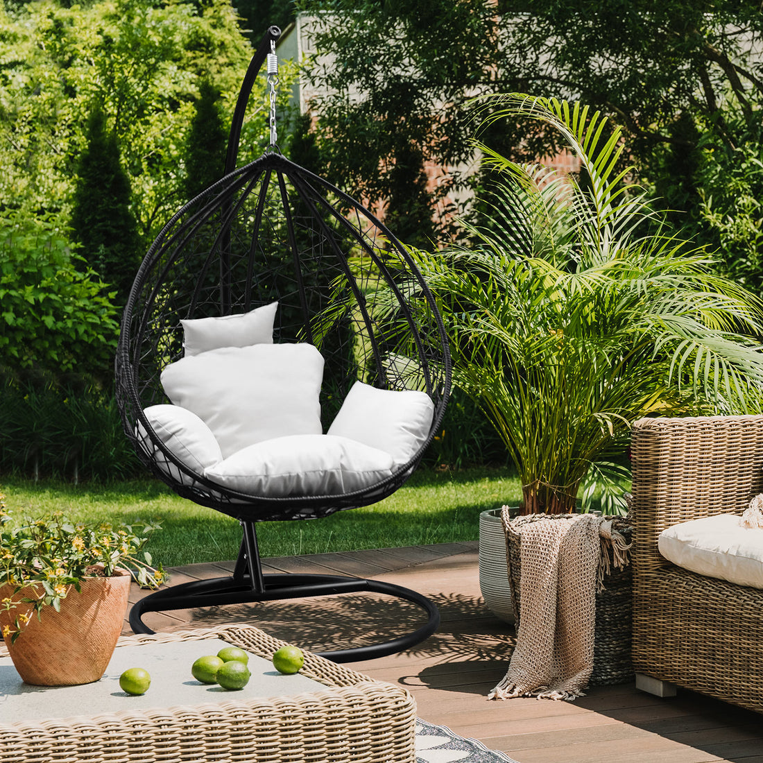 Rocking Egg Chair Outdoor Wicker Rattan Patio Garden Tear Drop - Black and Cream