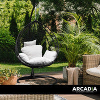 Rocking Egg Chair Outdoor Wicker Rattan Patio Garden Tear Drop - Black and Cream