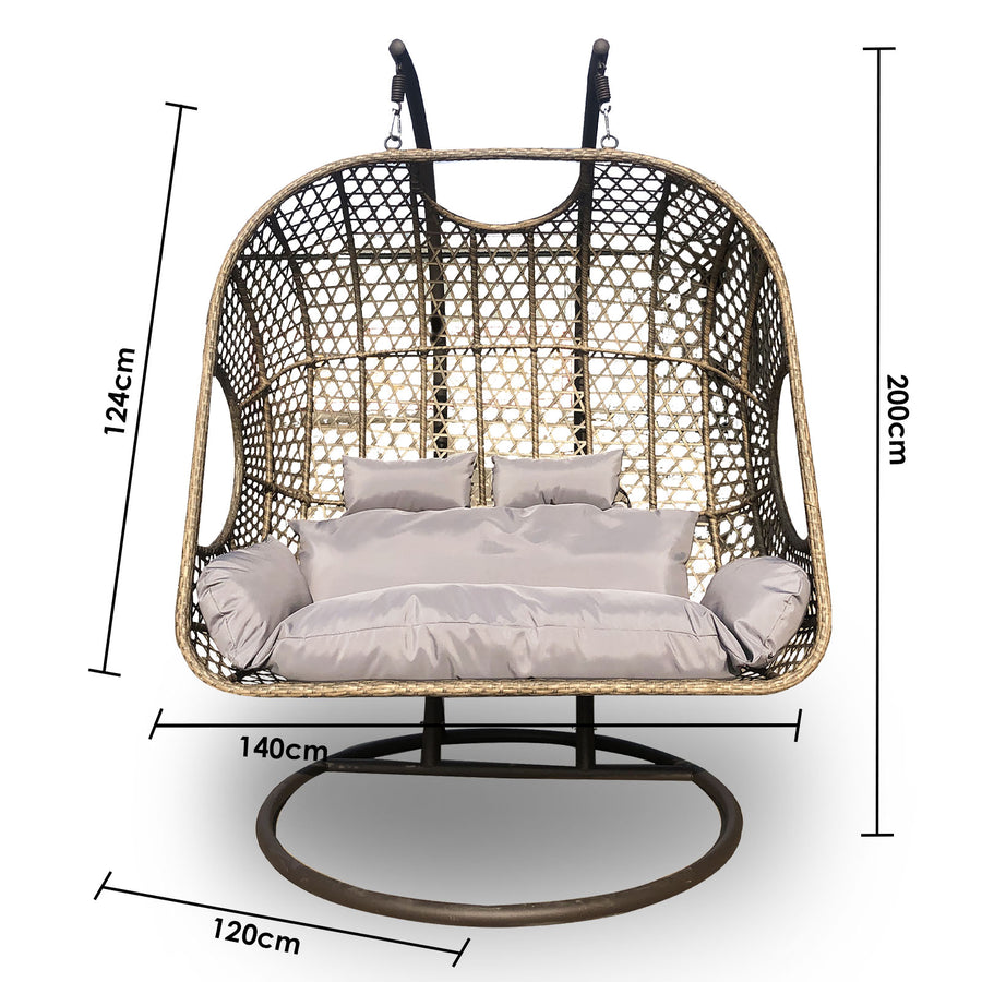 2 Seater Rocking Egg Chair Outdoor Wicker Rattan Patio Garden - Oatmeal and Grey