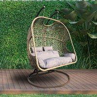 2 Seater Rocking Egg Chair Outdoor Wicker Rattan Patio Garden - Oatmeal and Grey