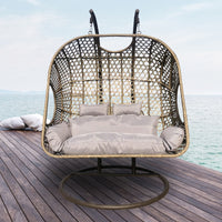 2 Seater Rocking Egg Chair Outdoor Wicker Rattan Patio Garden - Oatmeal and Grey