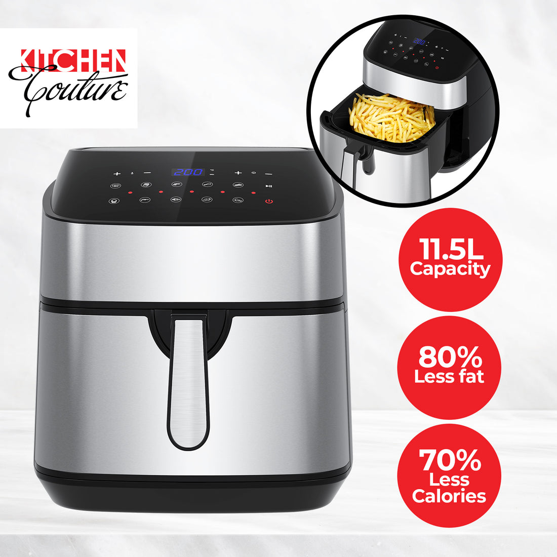 11.5 Litre Air Fryer Multifunctional LCD Digital Display - Silver