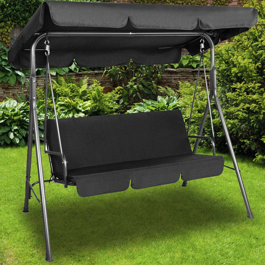 Outdoor Swing Bench Seat Chair Canopy Furniture 3 Seater Garden Hammock - Black