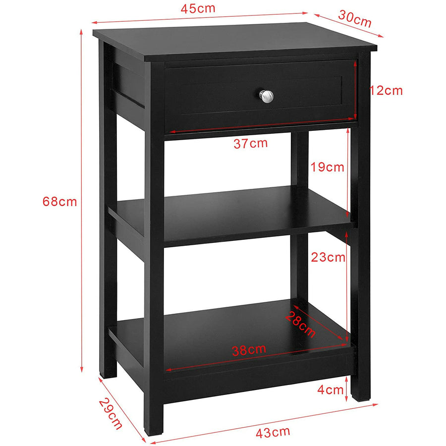 Black Bedside Table with 1 Drawer and 2 Shelves