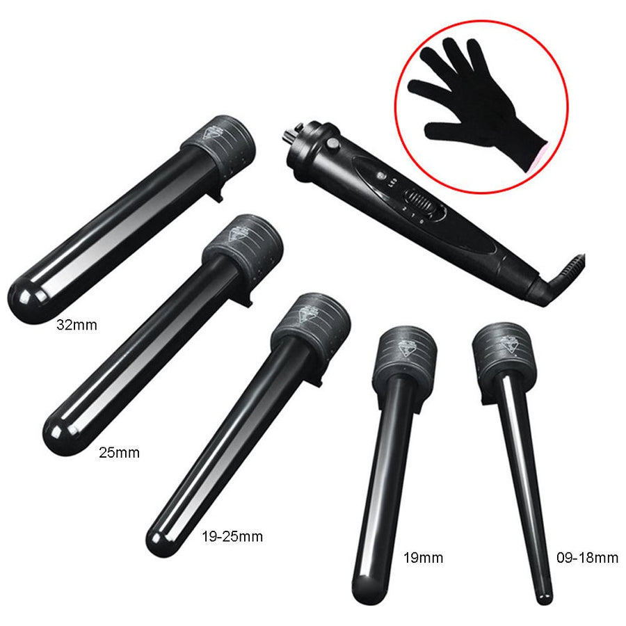 5 in 1 Hair Curler Wand Set Ceramic Styling Curling Iron Roller Barrel LED+Glove