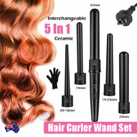 5 in 1 Hair Curler Wand Set Ceramic Styling Curling Iron Roller Barrel LED+Glove