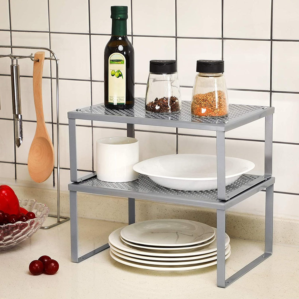 Cabinet Shelf Organizers Set of 2 Metal Kitchen Counter Shelves Silver KCS01SV