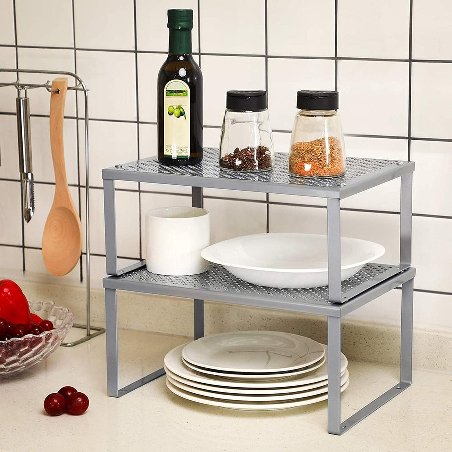 Cabinet Shelf Organizers Set of 2 Metal Kitchen Counter Shelves Silver KCS01SV