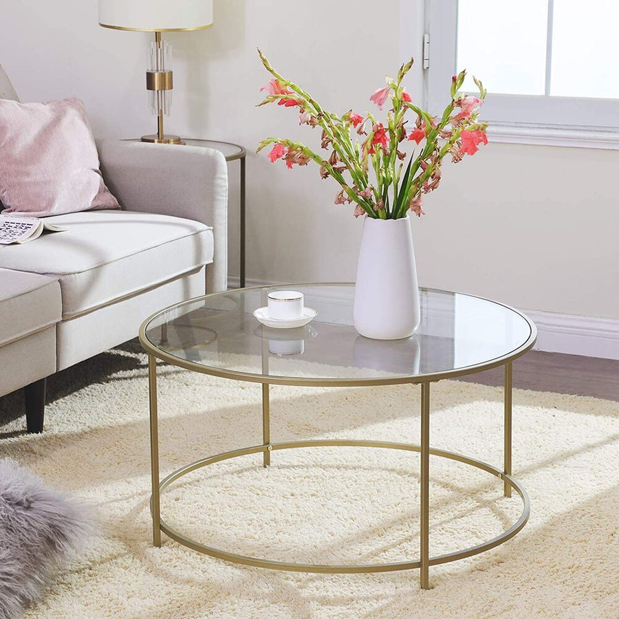 Round Coffee Table Glass Table with Steel Frame Gold LGT21G