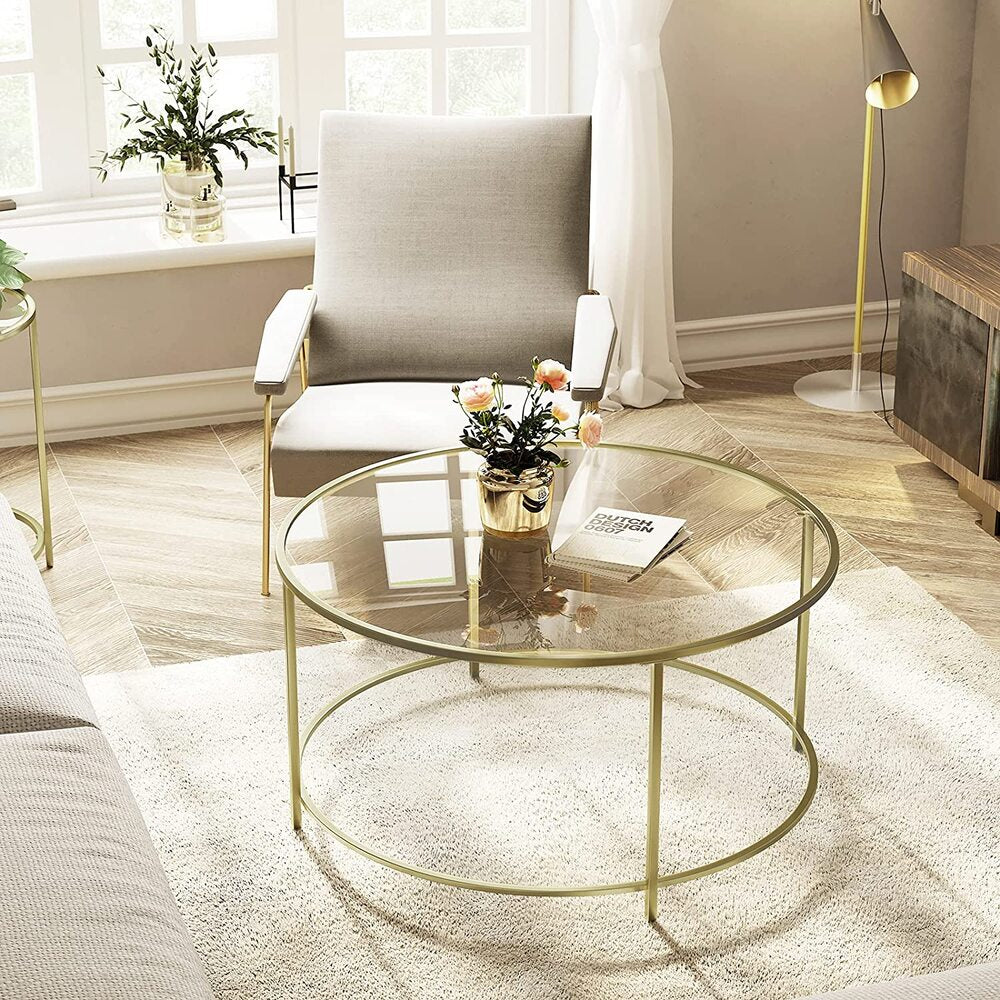 Round Coffee Table Glass Table with Steel Frame Gold LGT21G