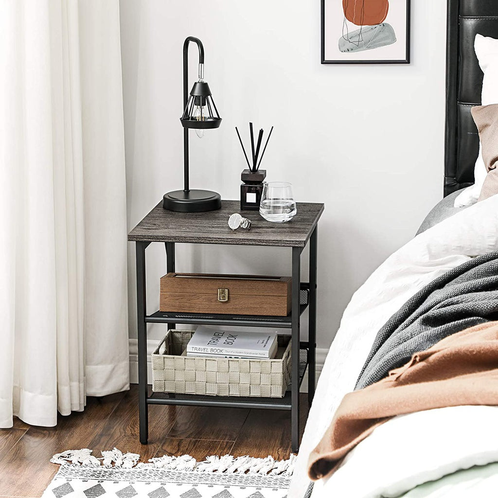 Set of 2 Charcoal Gray and Black Side Table with Adjustable Mesh Shelves LET024B04