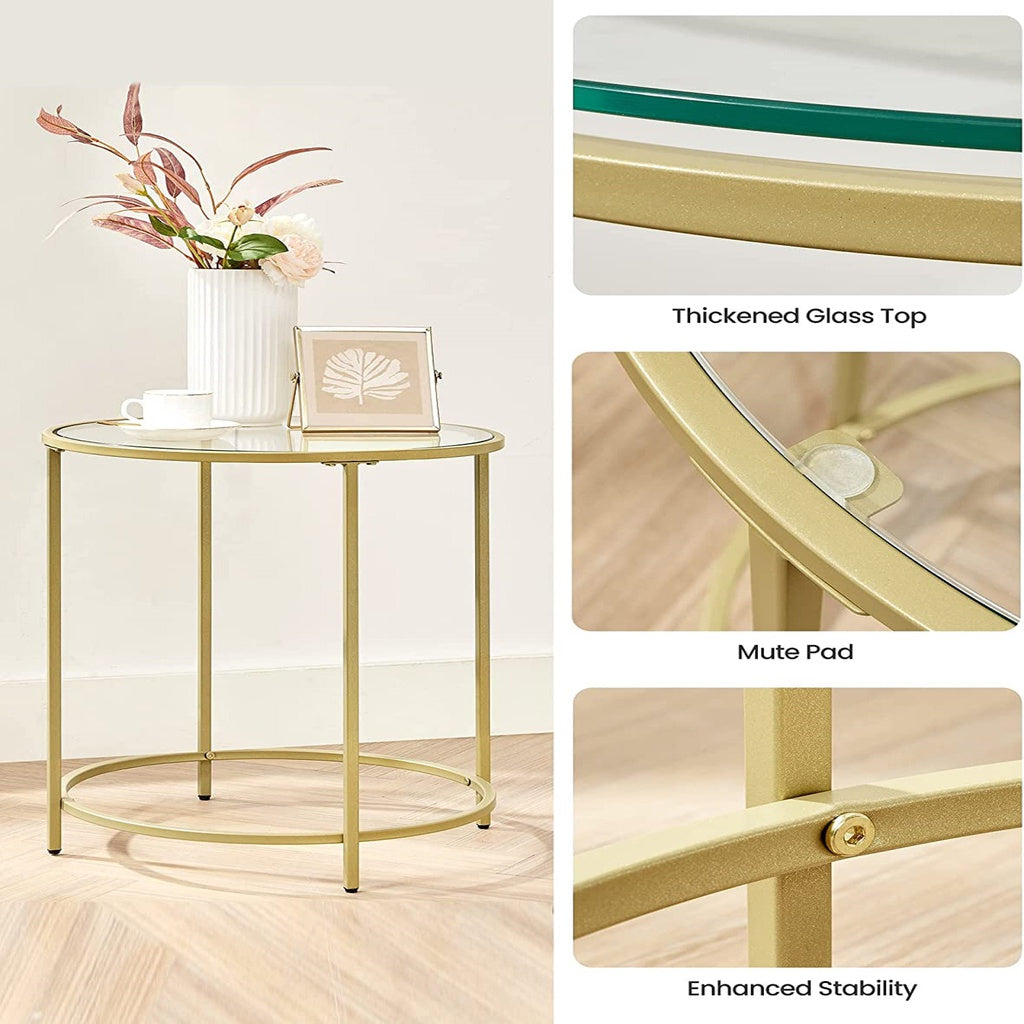 Round Side Tables Set of 2 Tempered Glass with Steel Frame Gold LGT037A61