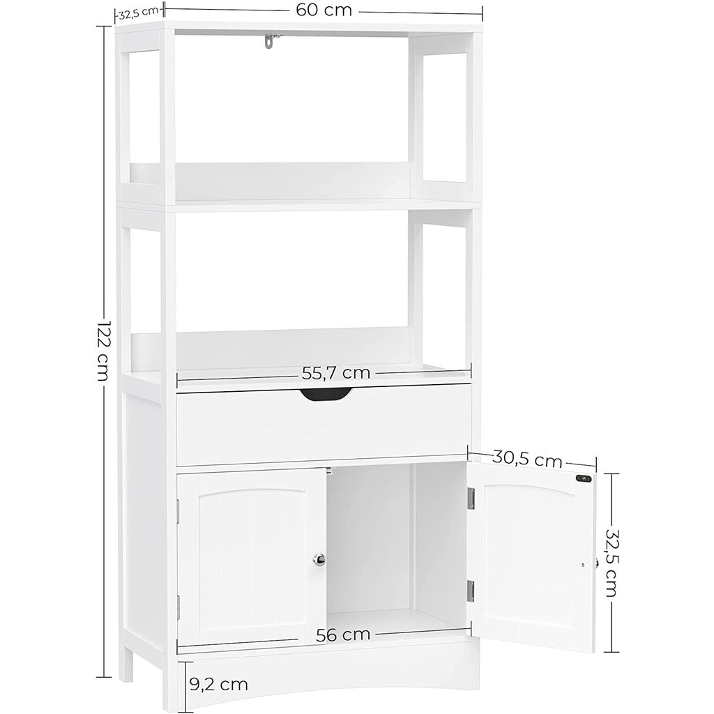 Floor Cabinet with Drawer 2 Open Shelves and Double Doors White BBC64WT