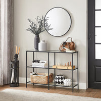 Storage Rack Console Sofa Table with 3 Shelves Steel Frame Tempered Glass Shelf Modern Style Black