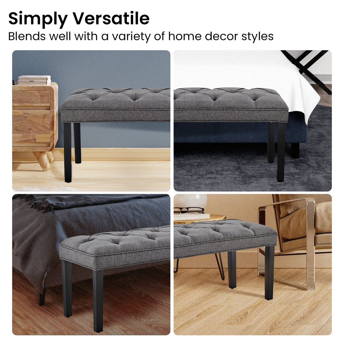 Sarantino Cate Button-tufted Upholstered Bench With Tapered Legs - Dark Grey Linen