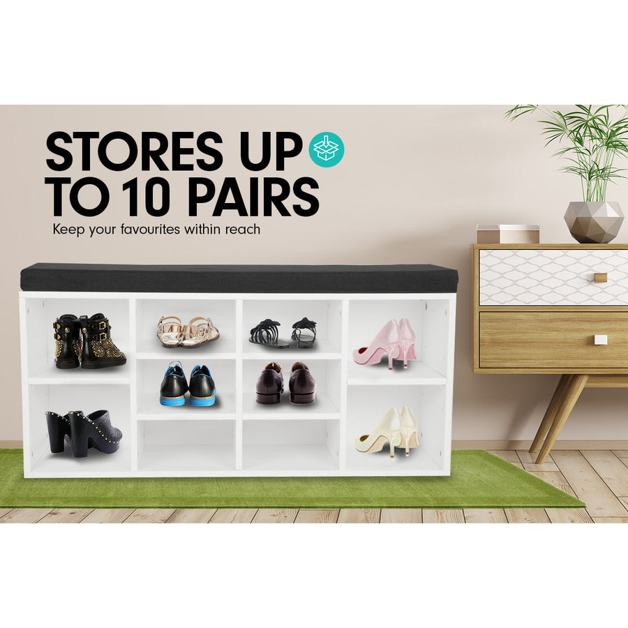 Sarantino New 10 Pairs Shoe Cabinet Rack Storage Organiser Shelf Stool Bench Wood - White