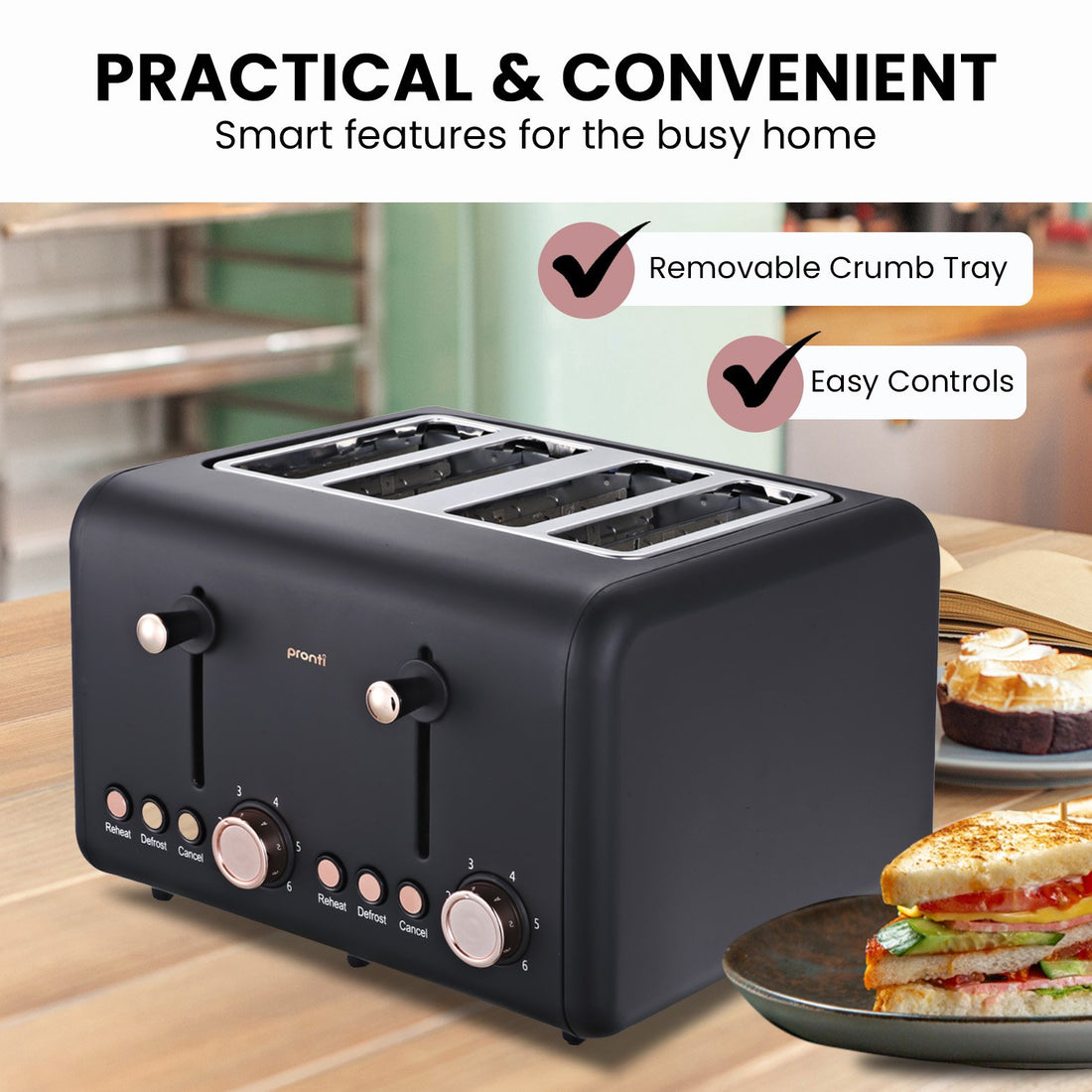 4 Slice Toaster Rose Trim Collection - Black