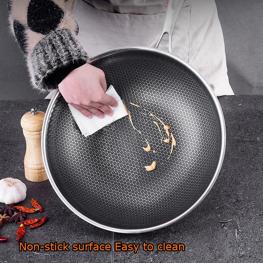 316 Stainless Steel Non-Stick Stir Fry Cooking Kitchen Wok Pan without Lid Honeycomb Double Sided