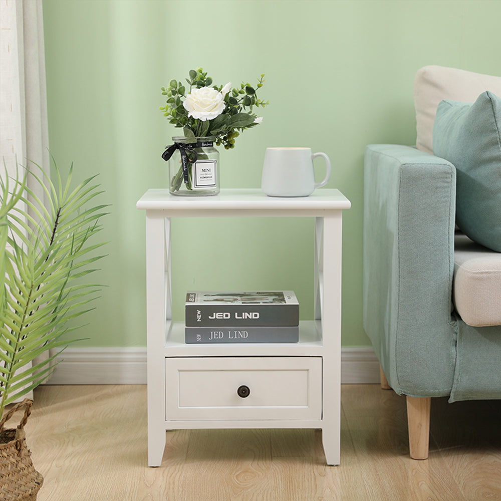 2-tier Bedside Table with Storage Drawer 2 Rustic White