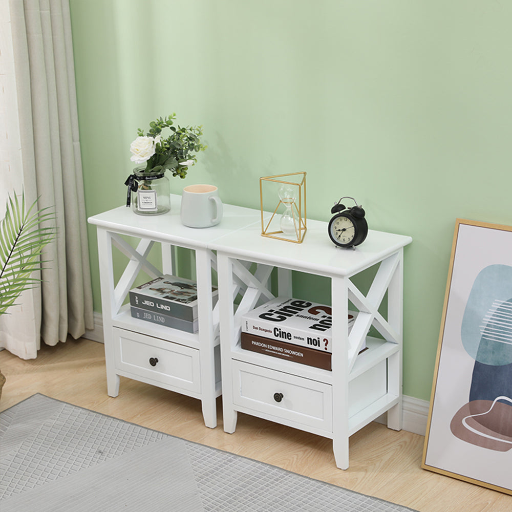 2-tier Bedside Table with Storage Drawer 2 Rustic White