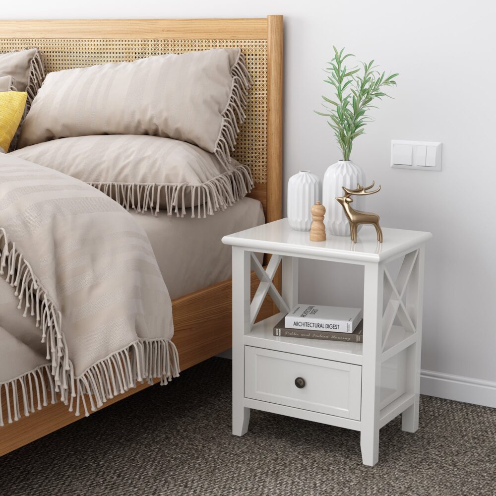 2-tier Bedside Table with Storage Drawer 2 Rustic White