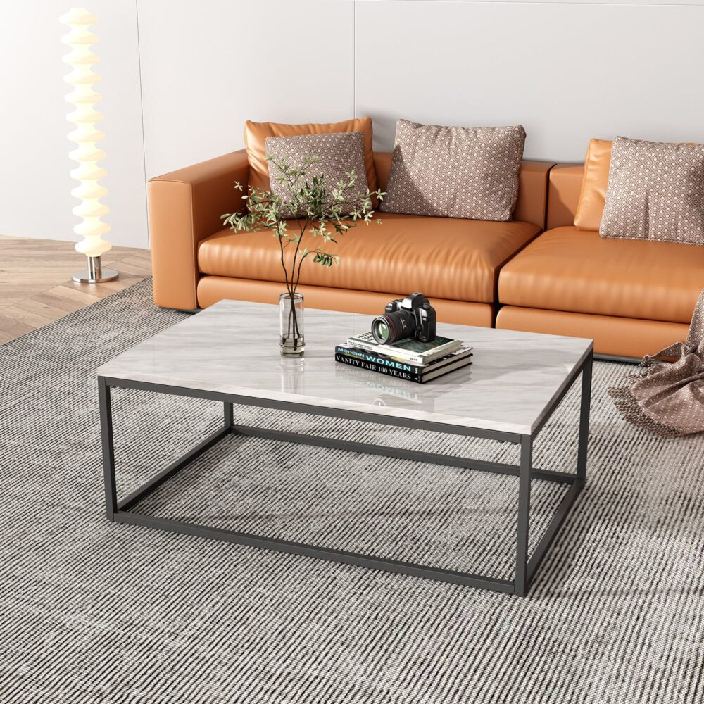 Industrial Style Marble Effect Rectangular Coffee Table