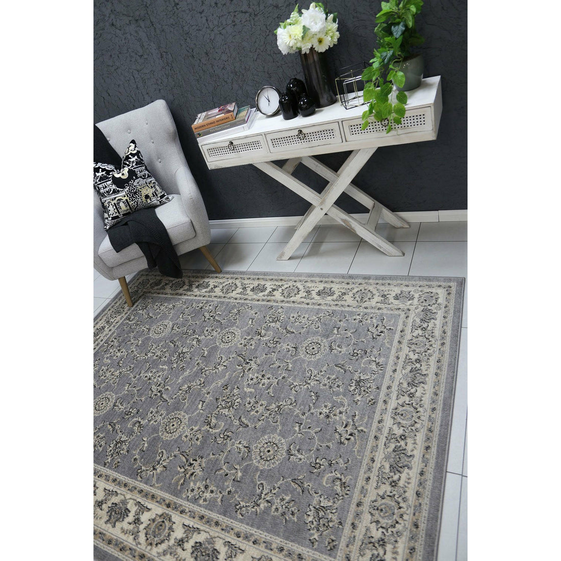 Arya  Grey Cream Border Rug 200x290 cm