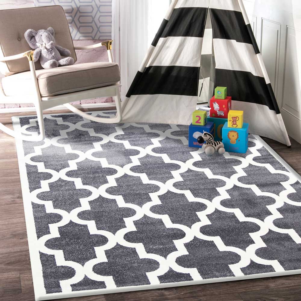 Piccolo Grey and White Lattice Pattern Kids Rug 120x170cm