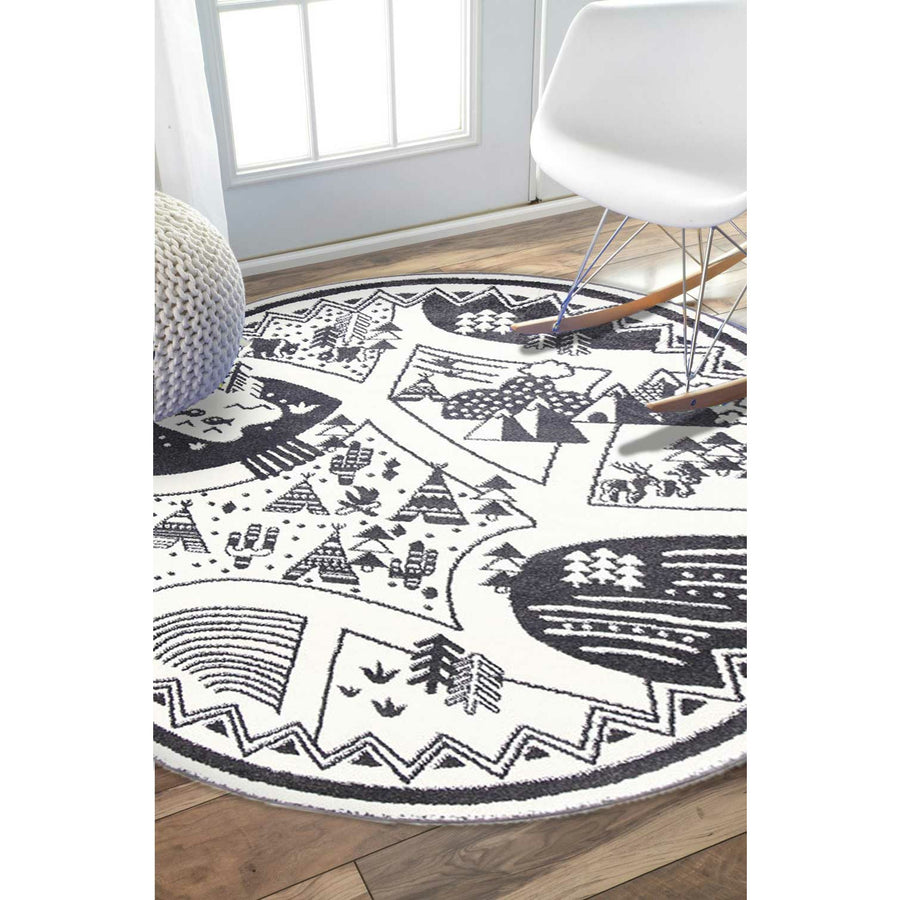 Piccolo Black and White Kids Camping Adventure Kids Rug 133x133cm Round