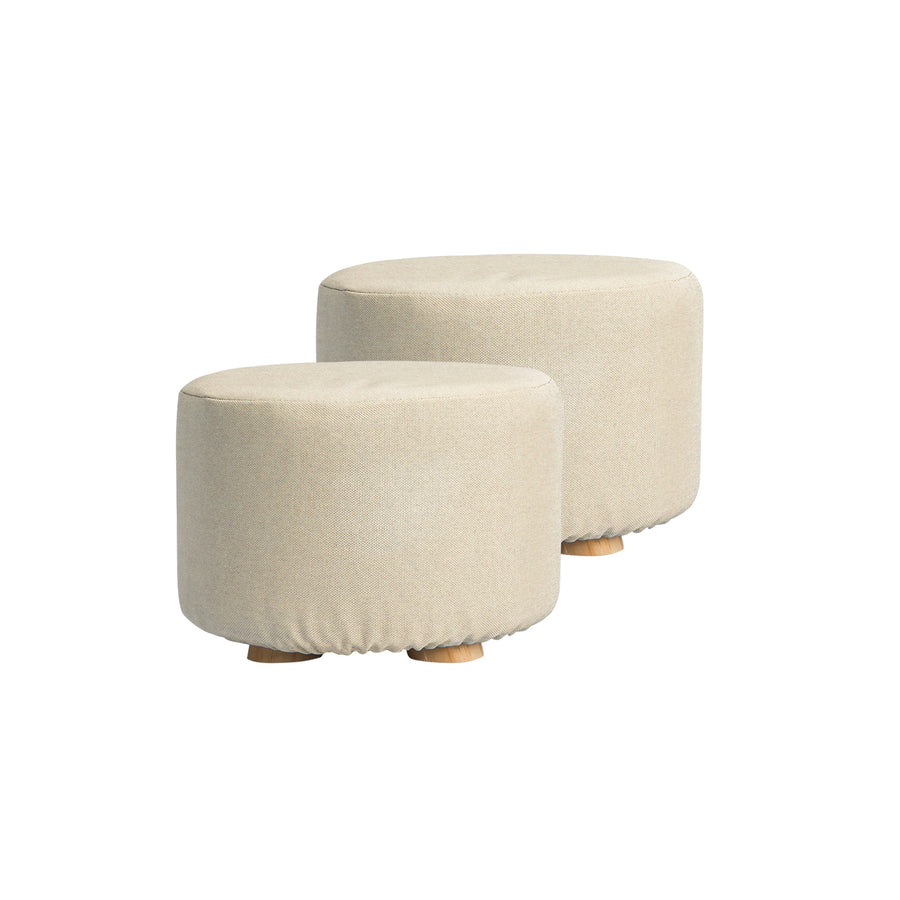 2 Set Beige Fabric Ottoman Round Wooden Leg Foot Stool