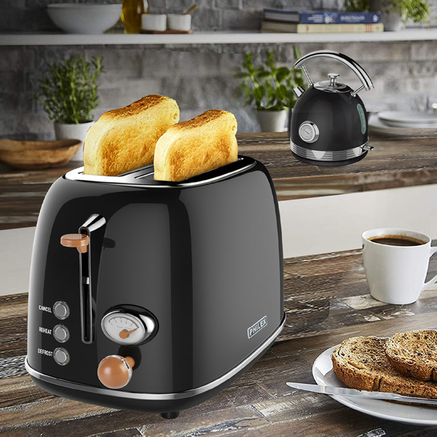 PHILEX 2-Slice Black Toaster Bread Reheat Retro