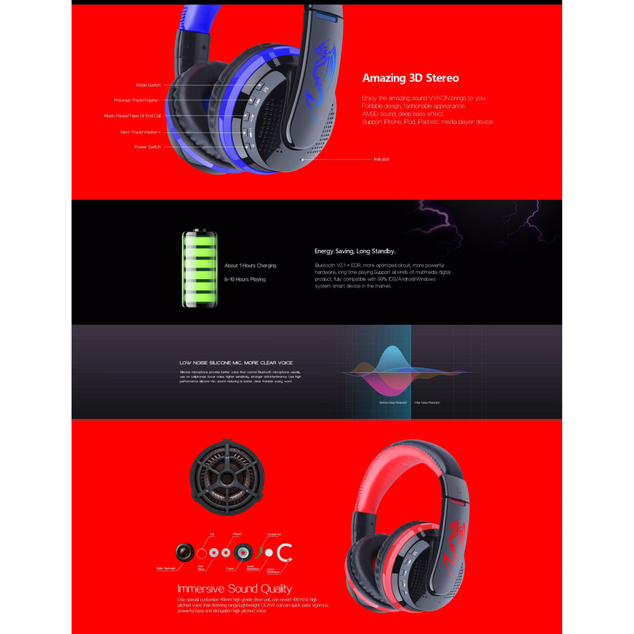 MX666 Wireless Bluetooth Music Headphones with Mic Noise Canceling - Red