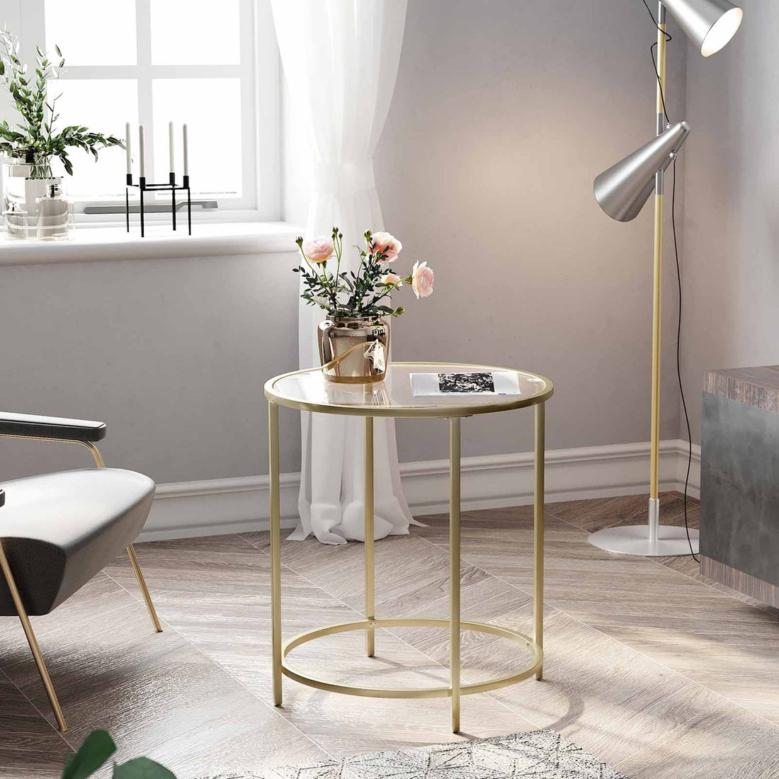 Round Side Table with Tempered Glass Top