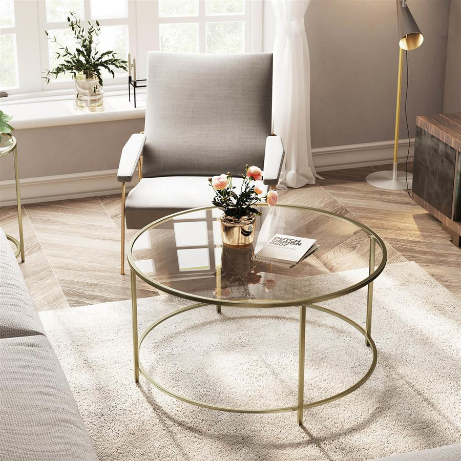 Round Glass Top Coffee Table with Metal Frame