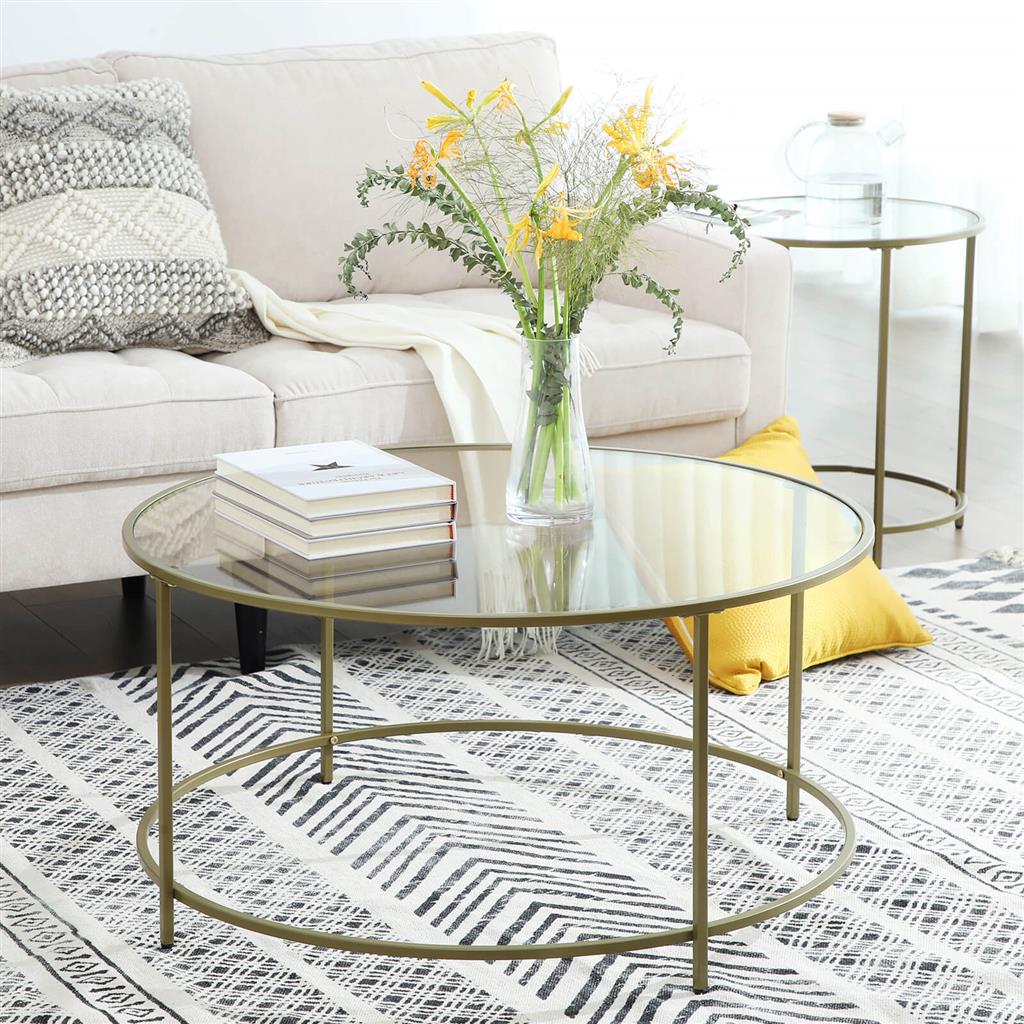 Round Glass Top Coffee Table with Metal Frame