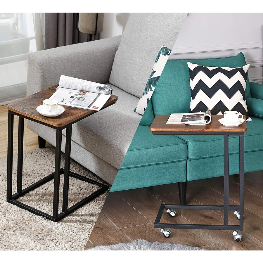 C-Shaped End Table with Steel Frame and Castors