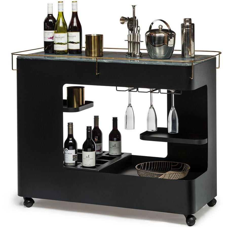 Large Contemporary Black Gold Drinks Trolley Bar Cart with Marble Top and Stemware Rack