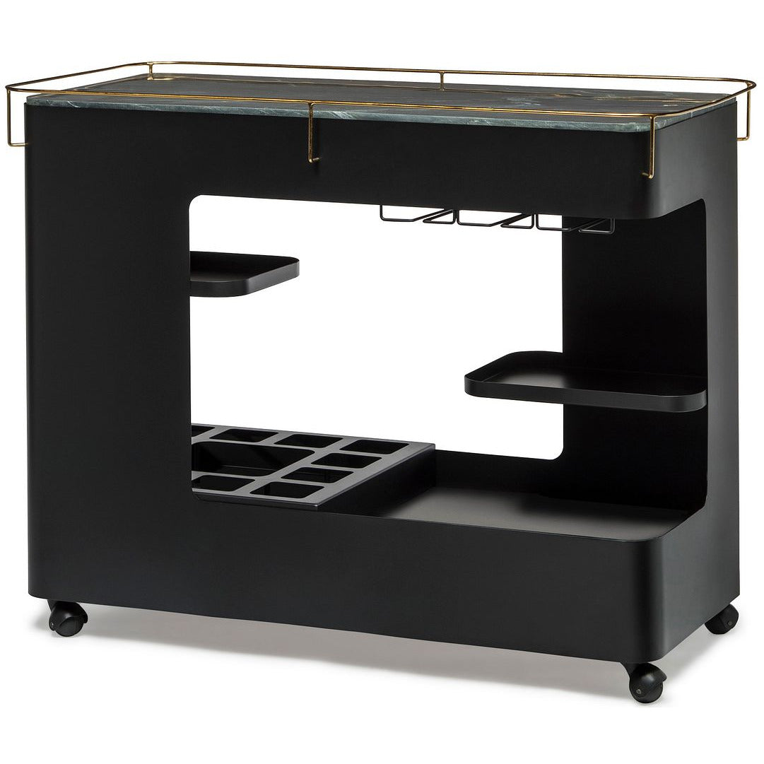 Large Contemporary Black Gold Drinks Trolley Bar Cart with Marble Top and Stemware Rack