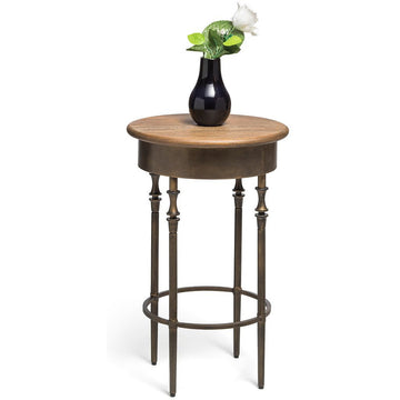 Wooden Round Side Table with Finial Legs in Dark French Brass Finish