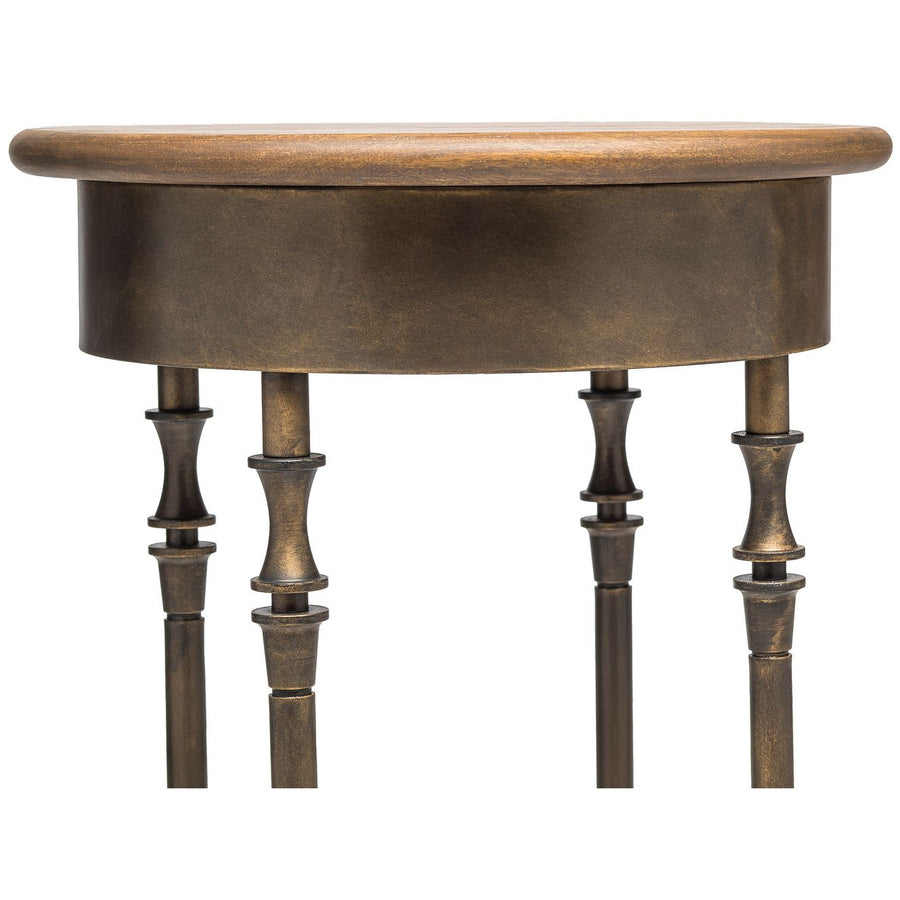 Wooden Round Side Table with Finial Legs in Dark French Brass Finish