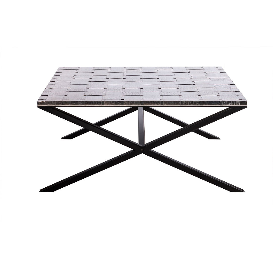 Large Square Black Coffee Table with Stainless Steel Woven Top