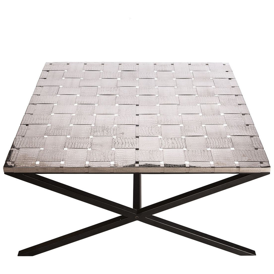 Large Square Black Coffee Table with Stainless Steel Woven Top