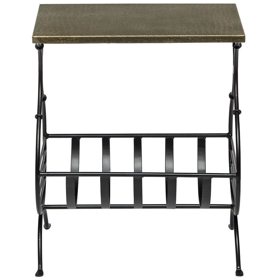 Black Iron Narrow Side Table with Magazine Storage and Gold Finish Top