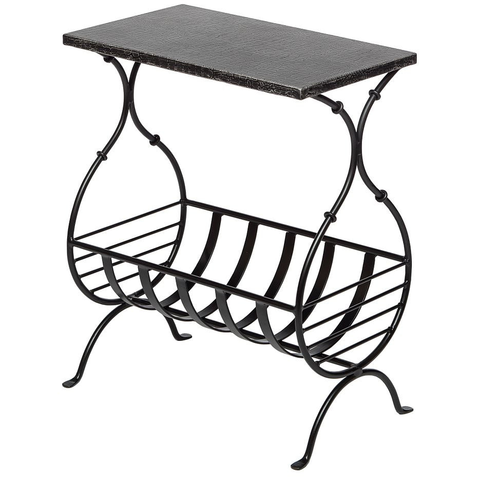 Black Iron Side Table with Magazine Storage and Silver Finish Top