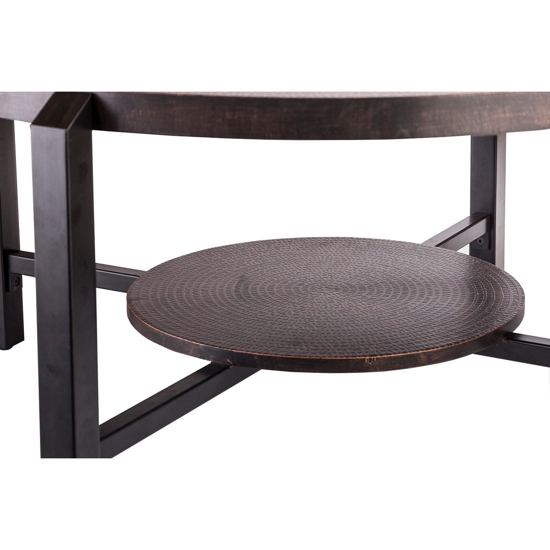 Black Round Coffee Table with Storage Shelf in Copper Finish Top