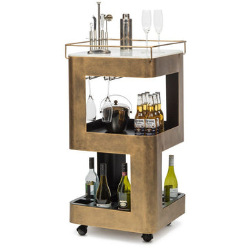 Contemporary French Brass Drinks Trolley Bar Cart with White Marble Top