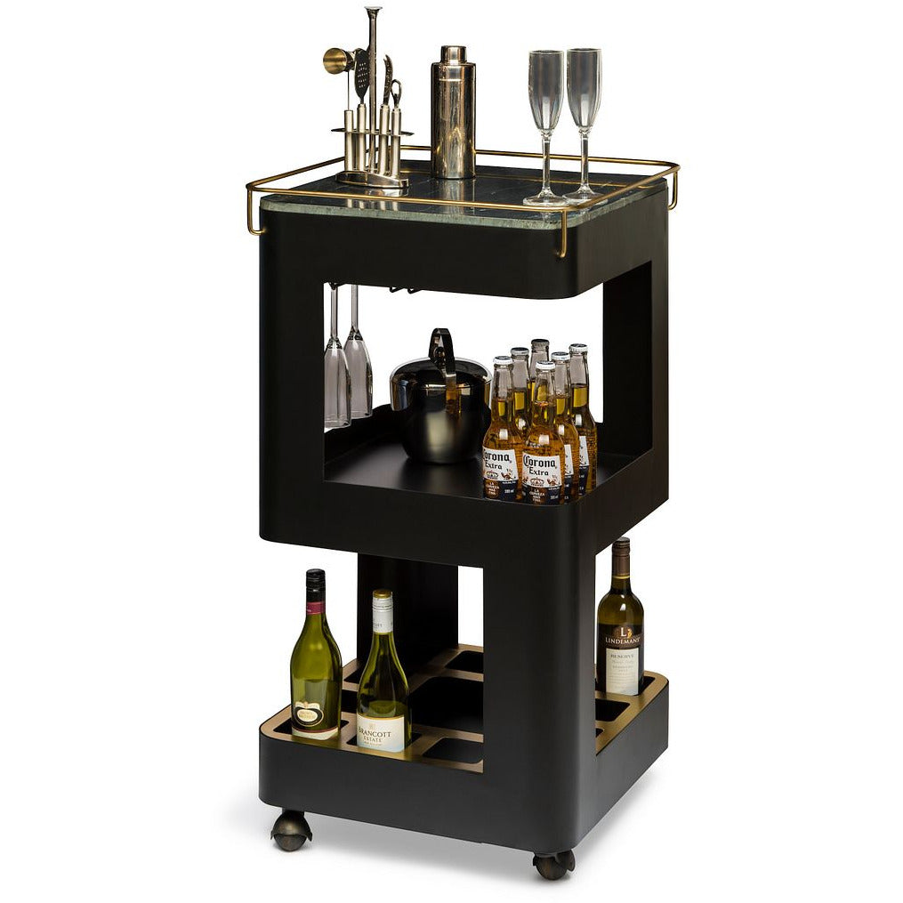 Contemporary Black Gold Drinks Trolley Bar Cart with Marble Top