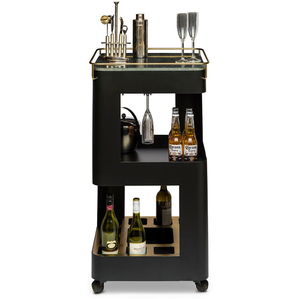 Contemporary Black Gold Drinks Trolley Bar Cart with Marble Top