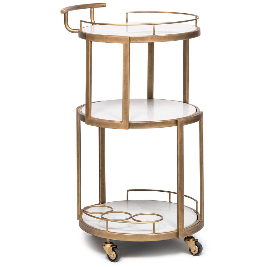 French Brass Round 3-tier White Marble Serving Drinks Trolley Bar Cart