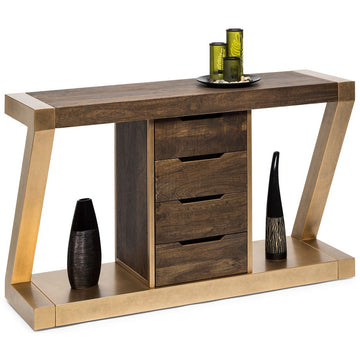 Contemporary Brass Wooden Z-Shaped Hallway Console Table with Drawers